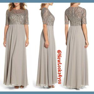 NEW Adrianna Papell Beaded Bodice Chiffon Gown in Platinum [SZ 6‎ ]